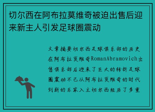 切尔西在阿布拉莫维奇被迫出售后迎来新主人引发足球圈震动