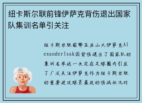 纽卡斯尔联前锋伊萨克背伤退出国家队集训名单引关注